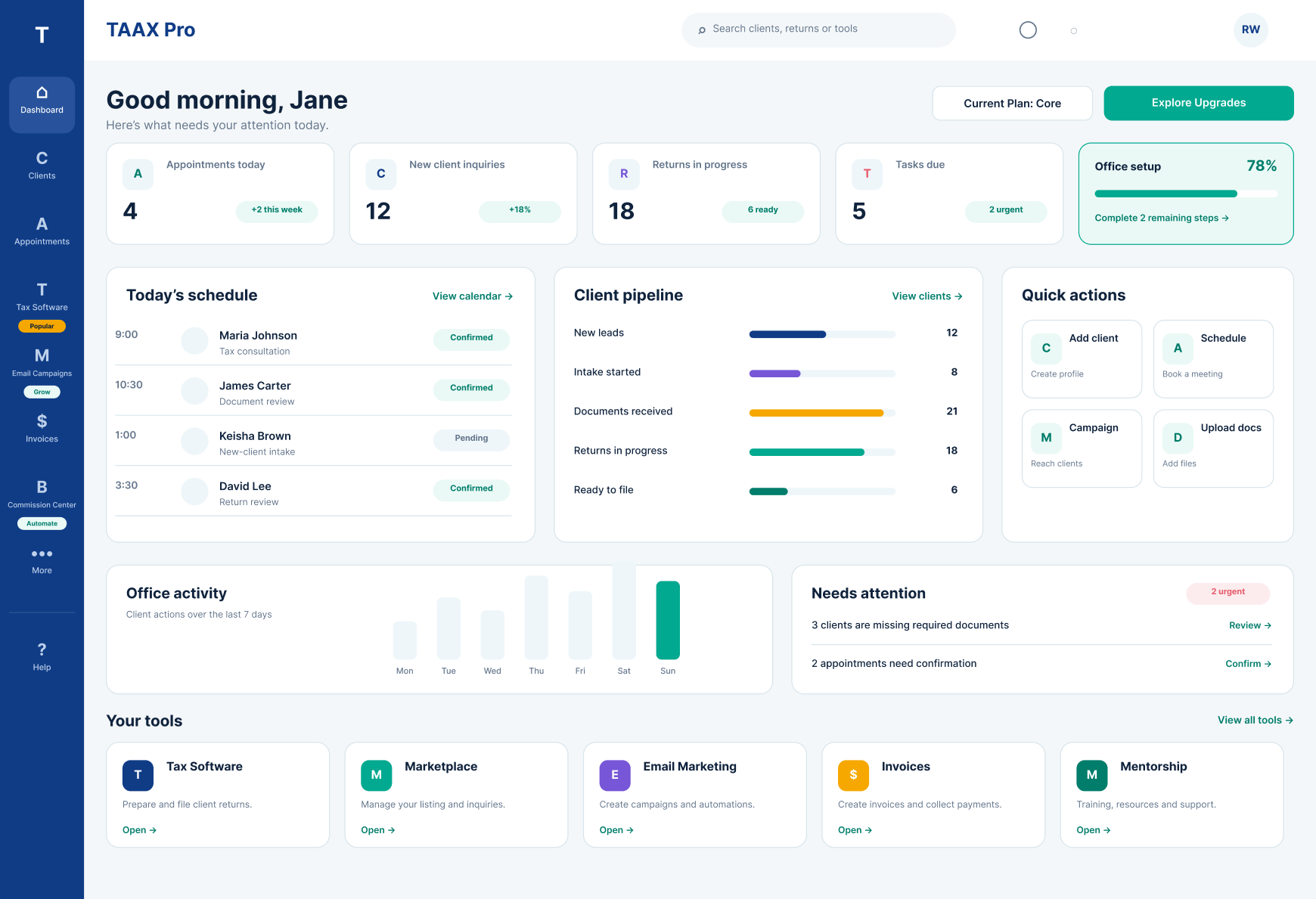 TAAX Pro dashboard on desktop