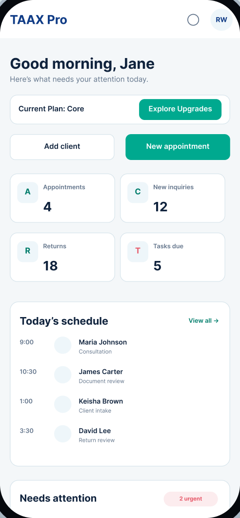 TAAX Pro dashboard on mobile